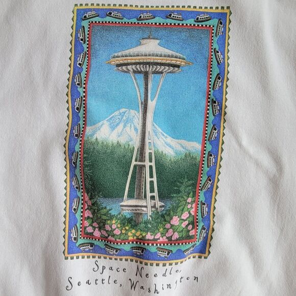 Vintage JERZEES White Cut Off Sweatshirt Size M Tank Seattle Space Needle Vest - Picture 3 of 7